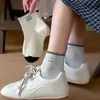 Nuevos calcetines para mujer Primavera/Verano 2026 con etiqueta de tela, diseño de cachorro, borde de encaje, borde acanalado de bloques de color, estilo coreano sin costuras, calcetines de media caña estilo universitario