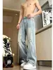 Jeans retro azules rasgados inclinados para hombre, pantalones de diseño de alta calle para otoño, pantalones de pierna recta adelgazantes ligeramente acampanados