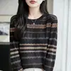 Suéter Pulôver Jacquard Fair Isle Retrô para Mulheres, Listrado Colorido com Textura Vazada, Solto, Manga Longa, Suéter Casual