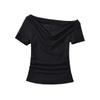 Estilo Desejo Puro Gola de um Caracter Gola Balanço Camiseta de Manga Curta Verão Novo Estilo Combinação Total Ajustado Pregueado Lateral Top Básico