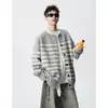 Cardigan Tricô Listrado Retrô Masculino Outono Inverno Moda Americana Marca Lazy Knitwear Jaqueta Casual Solta para Casal
