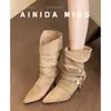 Versão em couro bovino~suede retrô dobrável de duas formas emagrecedoras botas de tornozelo para mulheres, verão bico fino salto agulha franzidas botas curtas