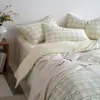 Conjunto de quatro peças em algodão puro tingido na massa com acabamento lavado, estilo literário, xadrez, listrado, estilo japonês, capa de edredom, conjunto de três peças para dormitório 4
