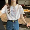 Camiseta Feminina de Verão de Manga Curta Algodão Puro Solta e Versátil Harajuku Desenho Animado Casual Branca Manga Média Top Moda Camiseta Feminina