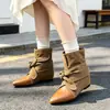 Botas de tornozelo pontudas com laço retrô para mulheres, nova coleção de outono 2026, design patchwork, sola plana, efeito emagrecedor, botas de cano curto estilo western