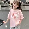 Ropa Infantil Estilo Coreano para Niñas, Conjunto de Verano de Manga Corta con Estampado de Dibujos Animados, Camiseta Holgada de Media Manga para Niños Mayores, Top Casual de Algodón Puro