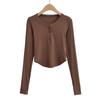 Otoño 7071 Nuevo Estilo Europeo y Americano Manga Larga Base Pura Camiseta Cuello Redondo Un Botón Yoga Fitness Camiseta Ultra Corta