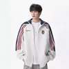 Nueva chaqueta deportiva casual de bloques de color para hombre, adecuada para primavera y otoño, con mangas raglán, diseño a rayas, cuello alto, corte holgado y hombros caídos