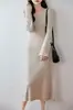 2026 Nuevo Otoño Invierno 100% Lana Vestido Largo de Punto para Mujer Manga Larga Por Encima de la Rodilla Adelgazante Favorecedor Suéter de Capa Interior