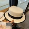 Sombrero de paja de copa plana tejida para mujer, para verano, vacaciones en la playa, parasol, protector solar, con letras, anti-UV, sombrero de copa para el sol.
