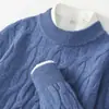 Suéter grueso 100% lana para otoño e invierno, suéter de punto trenzado de cuello alto medio para hombre, tejido de punto cálido moderno y versátil