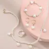 Conjunto de Colar, Pulseira, Anel e Brincos Novo Estilo Fresco e Simples, Joias Doces Estilo Princesa com Contas de Pérola para Mulheres e Crianças