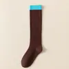 Calcetines de Pantorrilla Retro con Volantes de Color Contrastante Empalmados para Mujer Otoño e Invierno Ropa Exterior Rayas Verticales Apariencia Adelgazante Estilo Coreano Estilo Preppy Calcetines Hasta la Rodilla
