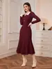 Vestido de Punto A-Line Retro Estilo Francés de Manga Larga con Cuello Clásico Elegante, Vestido Base para Otoño e Invierno, Nueva Moda Femenina Transfronteriza de Comercio Exterior