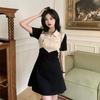 Vestido Curto de Manga Curta com Gola Polo Patchwork em Cores Contrastantes para Mulheres Verão 2026 Novo Estilo Coreano Cintura Marcada Saia Curta Evasê