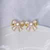 Pendientes de Plata 925 con Pasador Dorado, Perla Natural de Agua Dulce y Lazo para Mujer, Estilo Versátil de Princesa, Pendientes de Moda Estilo Ins
