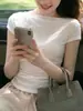 Camiseta de punto de manga corta sin hombros de moda nicho estilo francés para mujer, nuevo diseño de verano ajustado, top versátil de moda