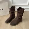Botas Western Cowboy Retrô Melard para Mulheres, Bico Fino, Novo Estilo Outono 2025, Botas de Equitação com Salto Grosso Empilhado Franzido