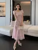 Vestido longo rosa de renda, estilo romântico francês, decote quadrado sexy, saia sereia acinturada, elegante e estiloso para mulheres