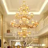Lustre de cristal para sala de estar de villa estilo europeu, luxuoso e grandioso, para hall de loft duplex e sala de jantar, com luminárias de jade e liga