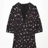 Estilo europeu e americano transfronteiriço verão novo moda feminina versátil para o dia a dia gola V estampada vestido curto