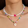 Nova Colar com Pingente Estilo Boêmio Dupla Camada Estrela do Mar Concha Contas de Arroz Corrente de Clavícula Feminina para Férias na Praia
