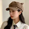 Chapéu Oitavado Xadrez Estilo Retrô Coreano com Orelhas de Gato, Doce e Estiloso para Primavera e Outono, Faz o Rosto Parecer Menor, Chapéu Versátil de Artista, Boné Bico de Pato