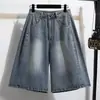 Toma Real de Shorts de Mezclilla Cropped de Pierna Ancha Lavados Estilo Vintage Retro Americano Talla Grande 21 para Mujer, Nuevo Estilo de Verano, Pantalones Rectos de Ocho Puntos