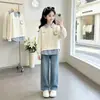 Sudadera de Dos Piezas Falsas para Estudiante de Secundaria Otoño Nueva Elegante para Niña Manga Larga Cuello de Camisa Top Casual Estilo Academia para Niños