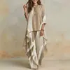 Conjunto de dos piezas con bloques de color de 48 colores, patrón geométrico europeo y americano, top con dobladillo irregular, pantalones anchos fluidos, ropa casual para mujer de vacaciones