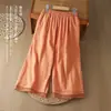 Pantalones Casuales Elegantes de Encaje Vintage de Cintura Alta Adelgazantes de Algodón y Lino Acortados de Pierna Ancha Venta al por Mayor Transfronteriza