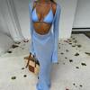 Bikini de tres piezas con cuello halter Traje de baño para mujer europeo y americano Sexy Malla Manga larga Cubierta Falda larga Traje de baño de tres piezas