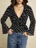 Top de Lunares Nuevo Transfronterizo Europeo y Americano Cuello en V Ceñido a la Cintura Retro Francés Suave Adelgazante Camisa de Manga Larga para Vacaciones