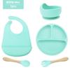Juego de 5 piezas de juegos de vajilla para niños, platos de cena de silicona integrados, baberos para bebé, tazones para comida, cucharas y tenedores, vajilla para alimentación materna e infantil