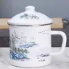 Tazas de té de esmalte antiguas con tapa, tazas de té de estilo nuevo, porcelana azul y blanca