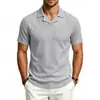 Camisa Polo Masculina de Malha com Listras Verticais, Gola Cubana, Manga Curta, Verão, Decote V, Casual Leve para Negócios