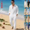Traje casual de lino para hombre transfronterizo, camisa de manga larga con cuello y botones + pantalones largos holgados, conjunto casual de playa