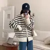 Cardigan de Tricô com Gola Lapela, Listrado Color Block, Novo Estilo Coreano para Outono e Inverno, Soltinho, Moda, Redutor de Idade, Jaqueta Suéter com Zíper Feminina, Tendência