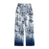 Camisa Estampada Feminina de Manga Longa com Caimento Solto + Calça de Cintura Alta Elástica, Emagrecedora, Versátil, Artística, Retrô, Moderna e Casual