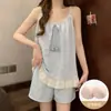 Pijama de Algodón Nube para Mujer con Almohadillas para el Pecho, Estilo Coreano de Verano Dulce Conjunto de Shorts con Tirantes para Casa de Chica Delgada