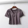 Outono e Inverno Novo Moda Europeia e Americana Cor Pura Decote V Manga Curta Slim Tops C8027 Estilo Britânico