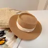 Sombrero de Paja Retro de Ala Ancha para Mujer Verano Playa Parte Superior Plana Protector Solar Sombrilla Sombrero de Pescador Playa Foto Playa Estilo Francés