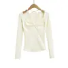Estilo Desejo Puro Sexy Gola Alta Cadarço Plissada Manga Longa Camiseta Nova Chegada Primavera Slim Fit Emagrecedor Curto Base Top para Mulheres