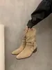 Primer Encuentro Ji Niche Botas Retro Plisadas Apiladas para Mujer Otoño Invierno Botas Martin Tacón Grueso Adelgazantes Apertura en V Botas Cortas Western Tubo Corto
