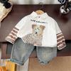Roupa infantil da moda 2025 primavera e outono novo camisa de cachorrinho de desenho animado para menino de manga comprida conjunto de duas peças calças infantis jeans bonitas