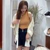 Pescoço redondo das mulheres colete listrado curto slim-fit sexy verão exterior vestir mangas gelo seda agulha base malha camisa top interior mulheres
