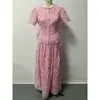 Vestido de Dos Piezas con Falda Larga Bordada de Encaje Rosa Dulce de Verano de Cintura Alta y Manga Corta