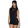 Moda Feminina Europeia e Americana Verão Novo Cor Sólida Casual Gola Redonda Vazado com Ilhós Sexy Sem Mangas Vestido Curto