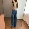 Estilo de diseñador Me encanta el ajuste Elegantes y chic Bolsillos de parche Cintura alta Pierna ancha Pierna recta Jeans K0919N
