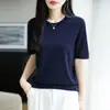 Suéter de malha de lã pura com gola redonda e manga curta para mulheres, para primavera e outono, com fios finos brilhantes, solto e fino, adequado para o trabalho e como camada base